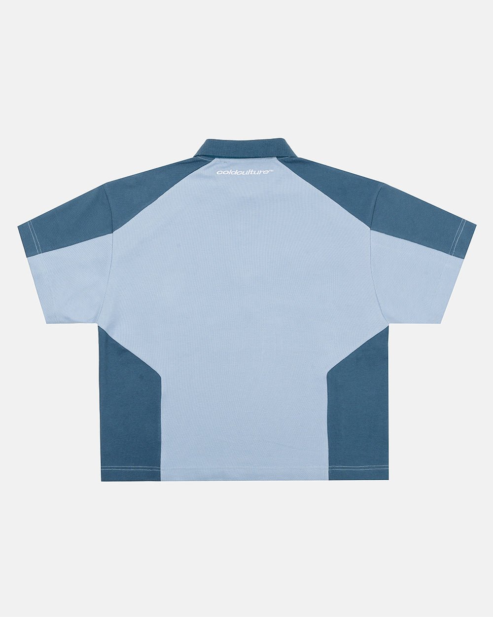 BIKER POLO LIGHT BLUE - light blue half-zip polo, back view - Cold Culture #packshot