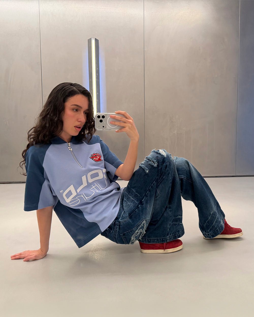 BIKER POLO LIGHT BLUE - light blue half-zip polo, street style shot - Cold Culture #woman