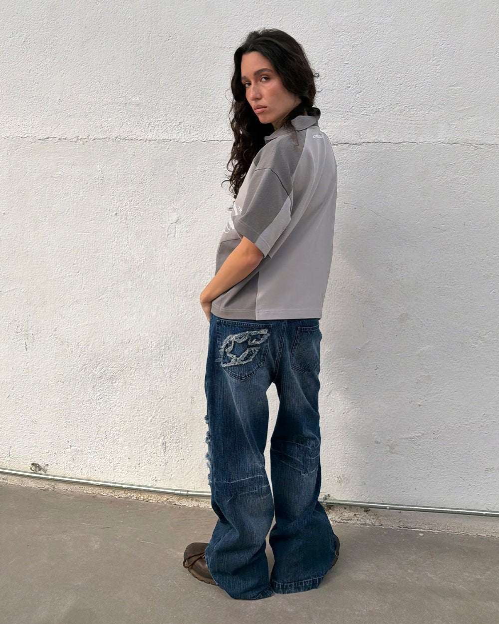 BIKER POLO LIGHT GREY - light grey half-zip polo, street style shot - Cold Culture #woman