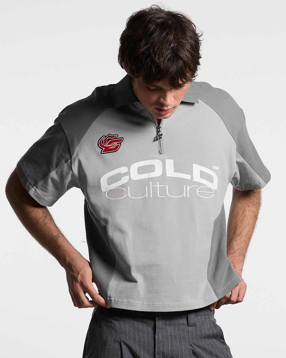 BIKER POLO LIGHT GREY - light grey half-zip polo, front view on male model - Cold Culture #man