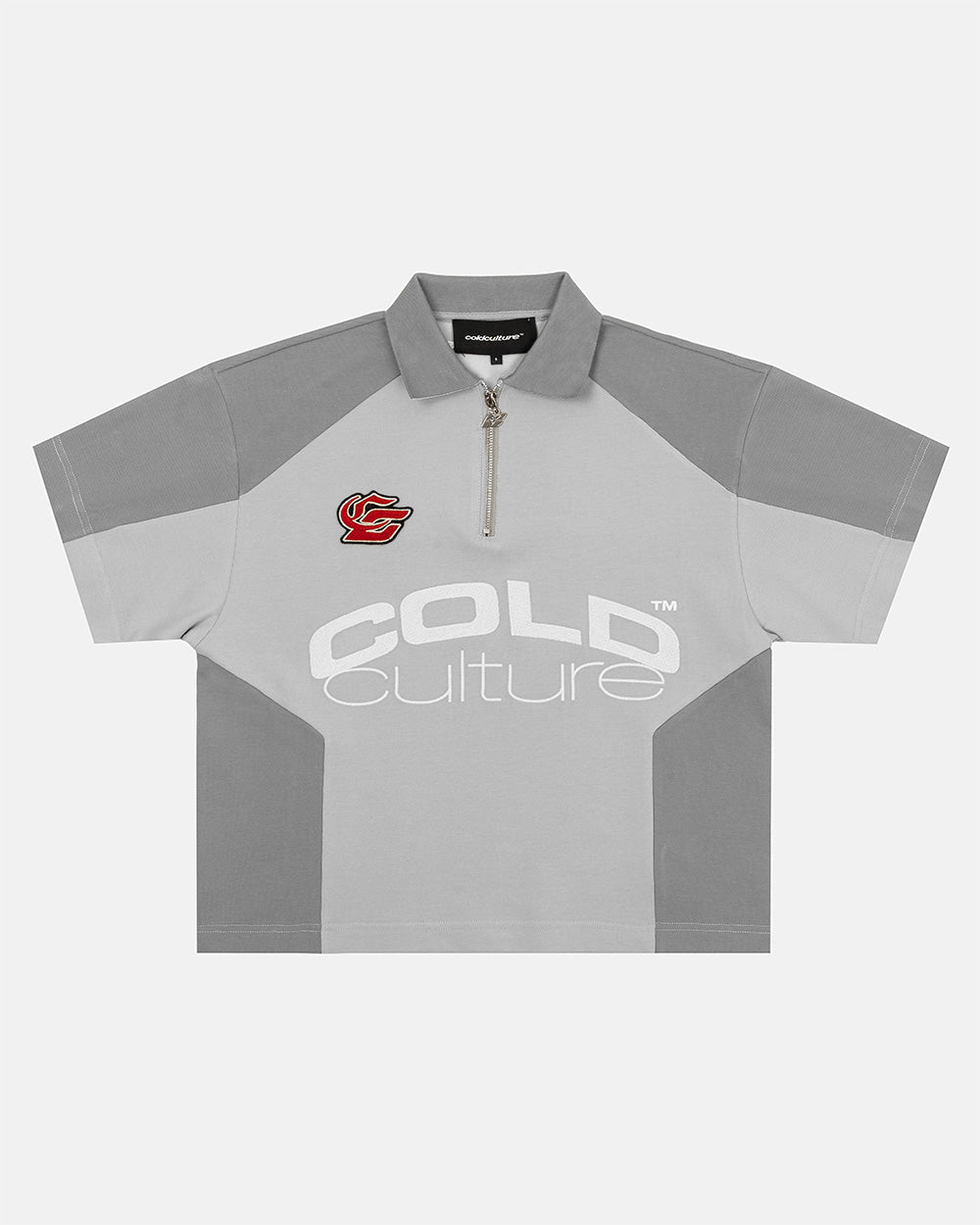 BIKER POLO LIGHT GREY - light grey half-zip polo, front view - Cold Culture #packshot