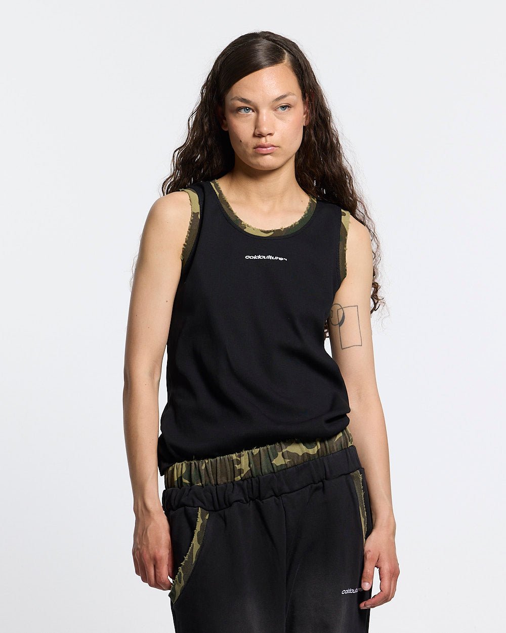 BLACK OPS TANK TOP BLACK - black tank top with camo trim, front view on female model - Cold Culture #woman