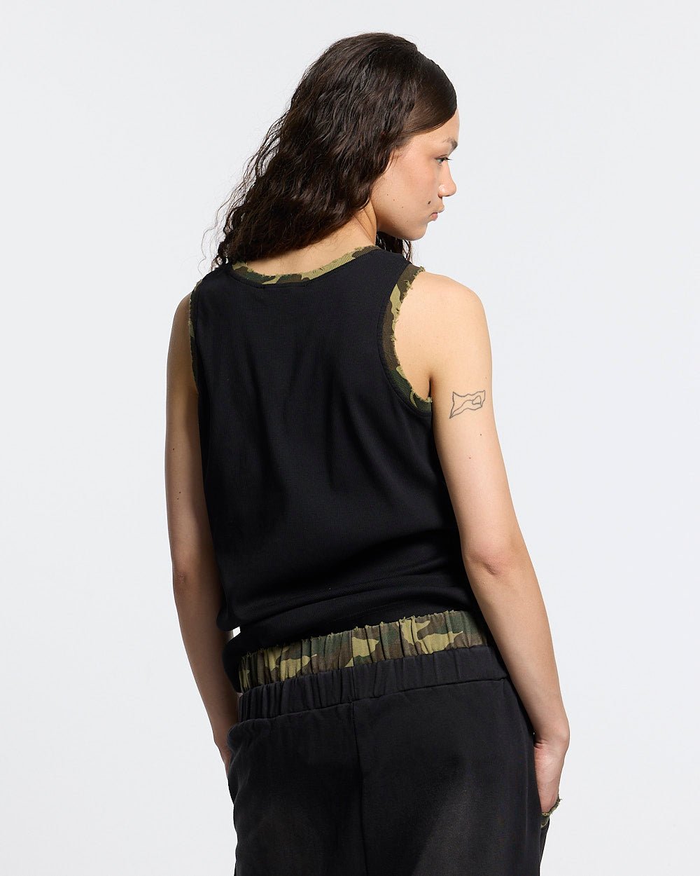 BLACK OPS TANK TOP BLACK - black tank top with camo trim, back view on female model - Cold Culture #woman