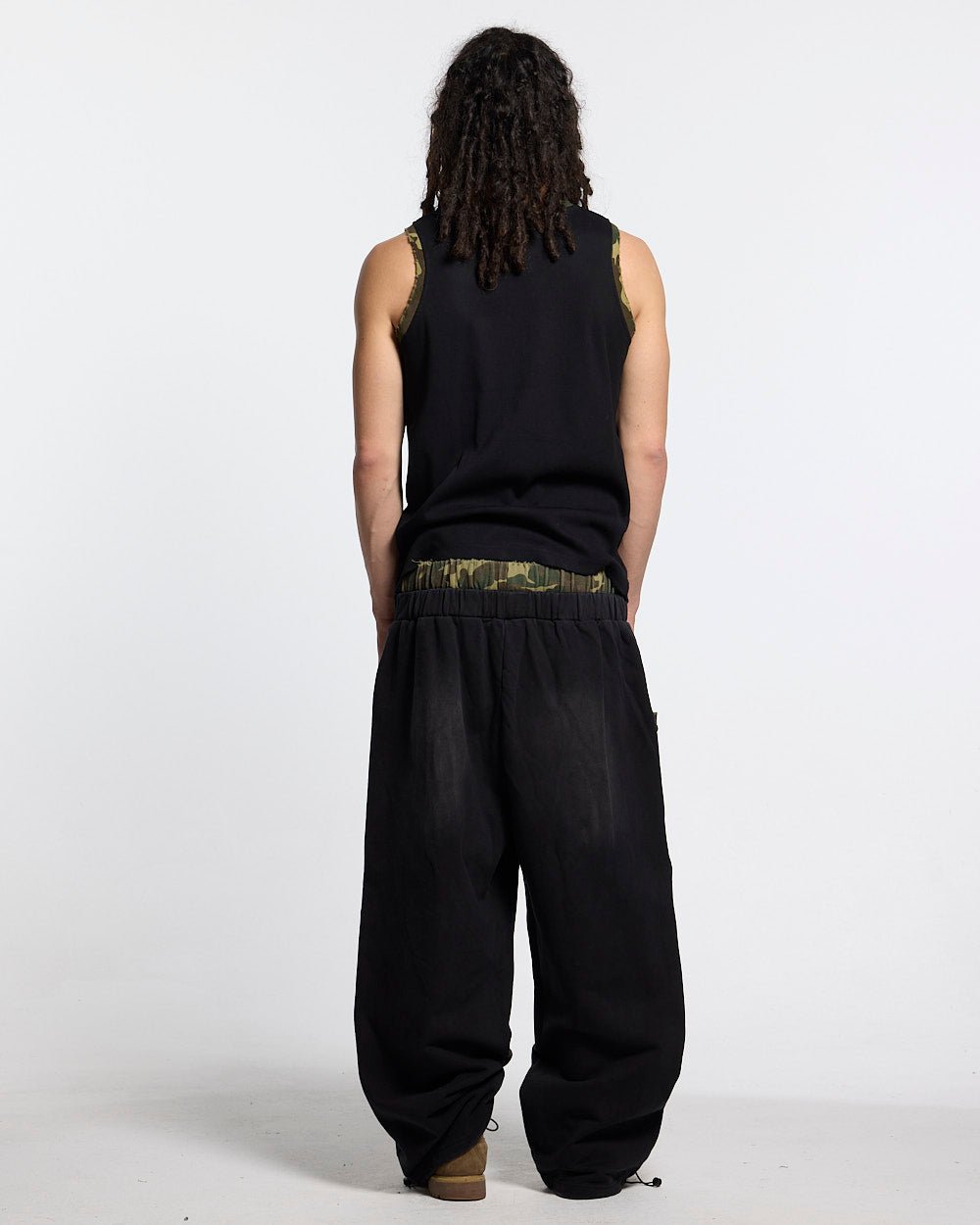BLACK OPS TANK TOP BLACK - black tank top with camo trim, back view on male model - Cold Culture #man