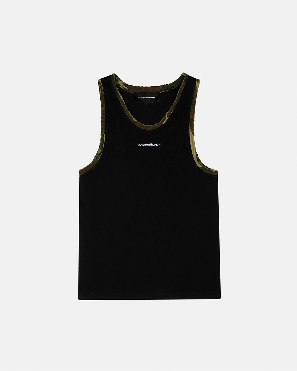 BLACK OPS TANK TOP BLACK - black tank top with camo trim, front view - Cold Culture #packshot