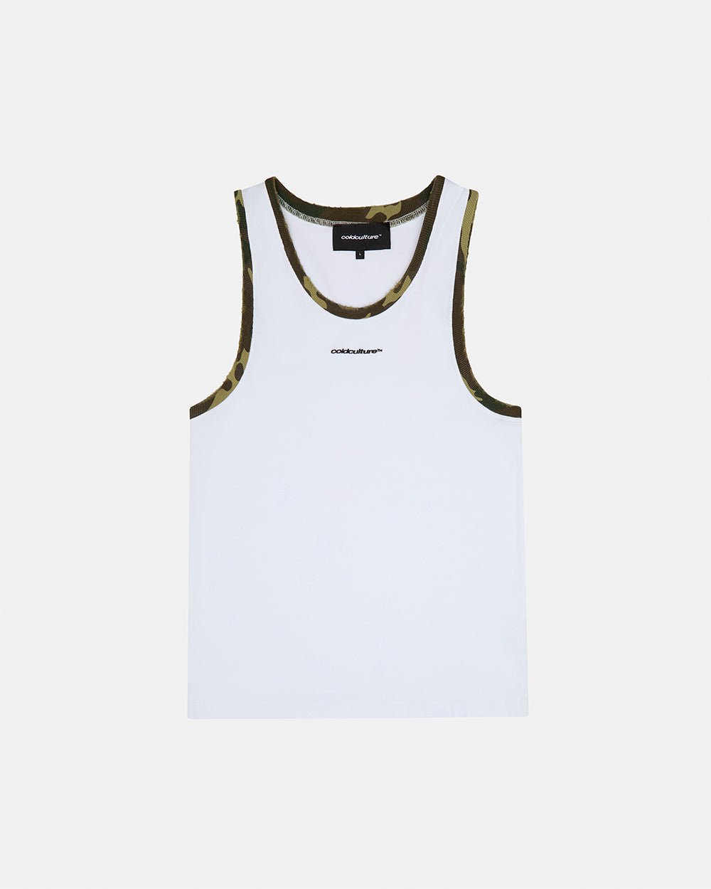BLACK OPS TANK TOP WHITE - white tank top with camo trim, front view - Cold Culture #packshot
