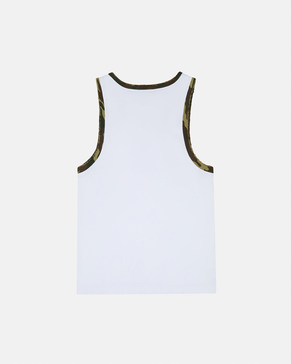 BLACK OPS TANK TOP WHITE - white tank top with camo trim, back view - Cold Culture #packshot
