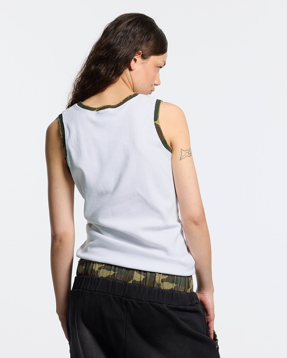 BLACK OPS TANK TOP WHITE - white tank top with camo trim, back view on female model - Cold Culture #woman