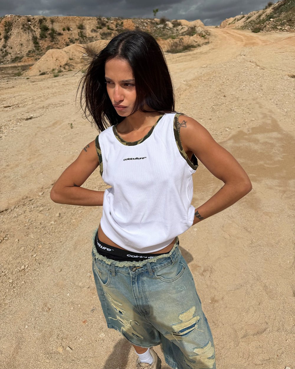 BLACK OPS TANK TOP WHITE - white tank top with camo trim, street style shot - Cold Culture #woman