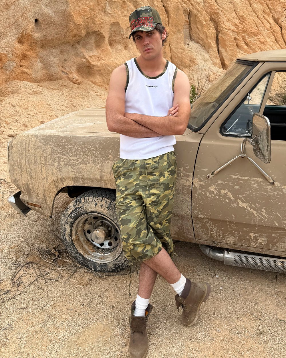 BLACK OPS TANK TOP WHITE - white tank top with camo trim, street style shot - Cold Culture