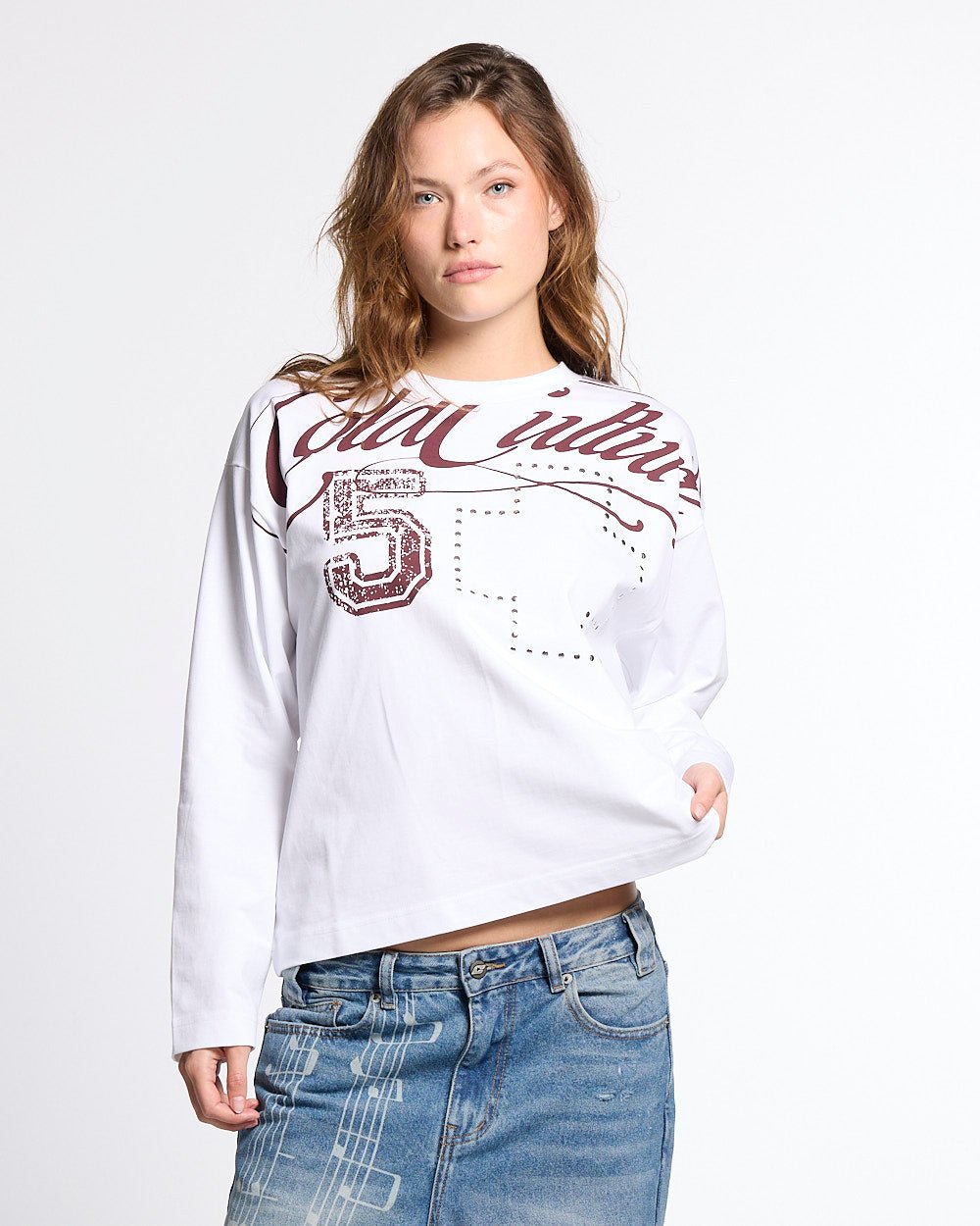 BLESSINGS LONGSLEEVE WHITE - white script print longsleeve tee, front view on female model - Cold Culture #woman