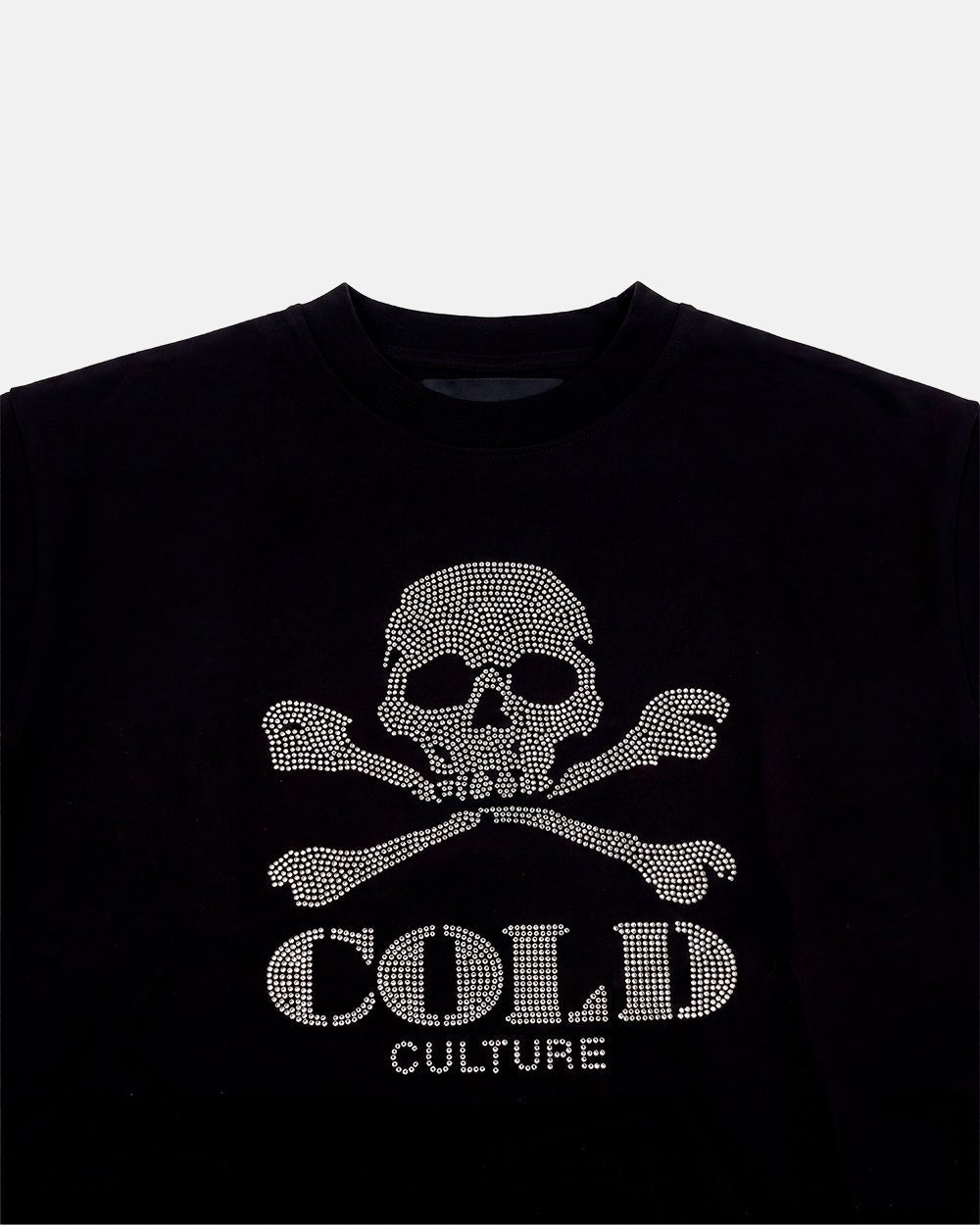 BLING SKULL TEE BLACK - black skull graphic tee, detail close-up - Cold Culture