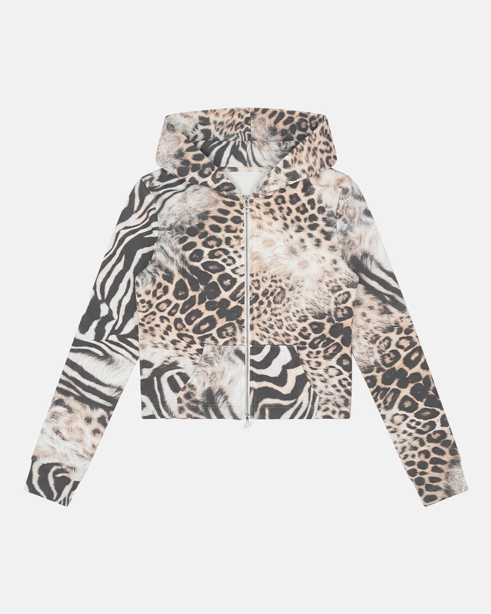BLING ZIP HOODIE LEOPARD - leopard print cropped zip hoodie, flat lay - Cold Culture #packshot