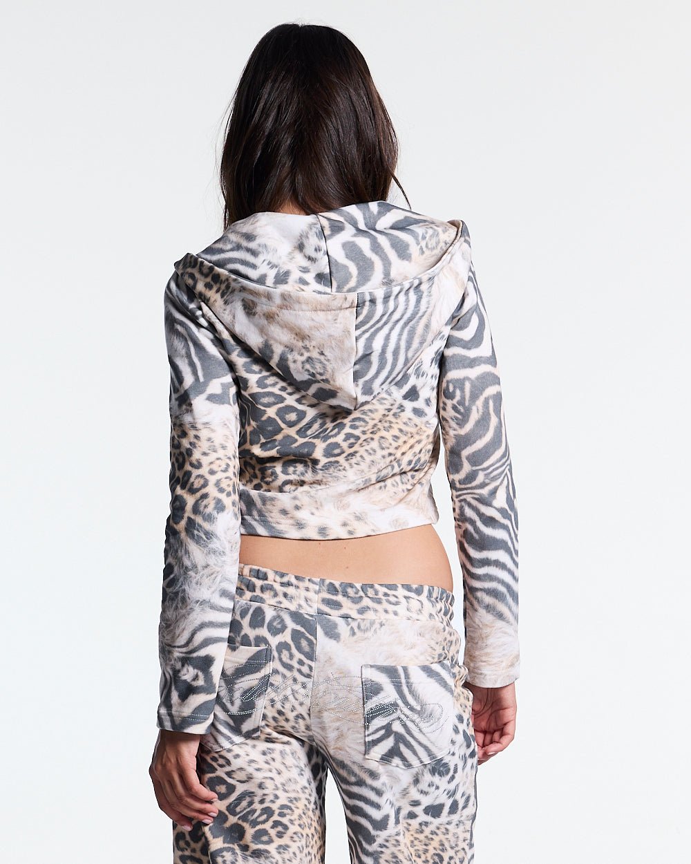 BLING ZIP HOODIE LEOPARD - leopard print cropped zip hoodie, back view on female model - Cold Culture #woman