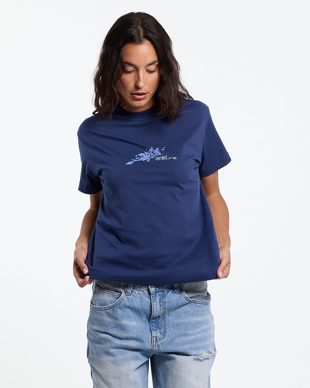 BLOOM TEE NAVY - navy floral print tee, front view on female model - Cold Culture #woman