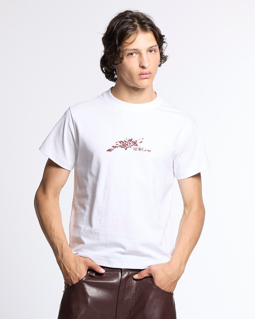 BLOOM TEE WHITE - white floral print tee, front view on male model - Cold Culture #man