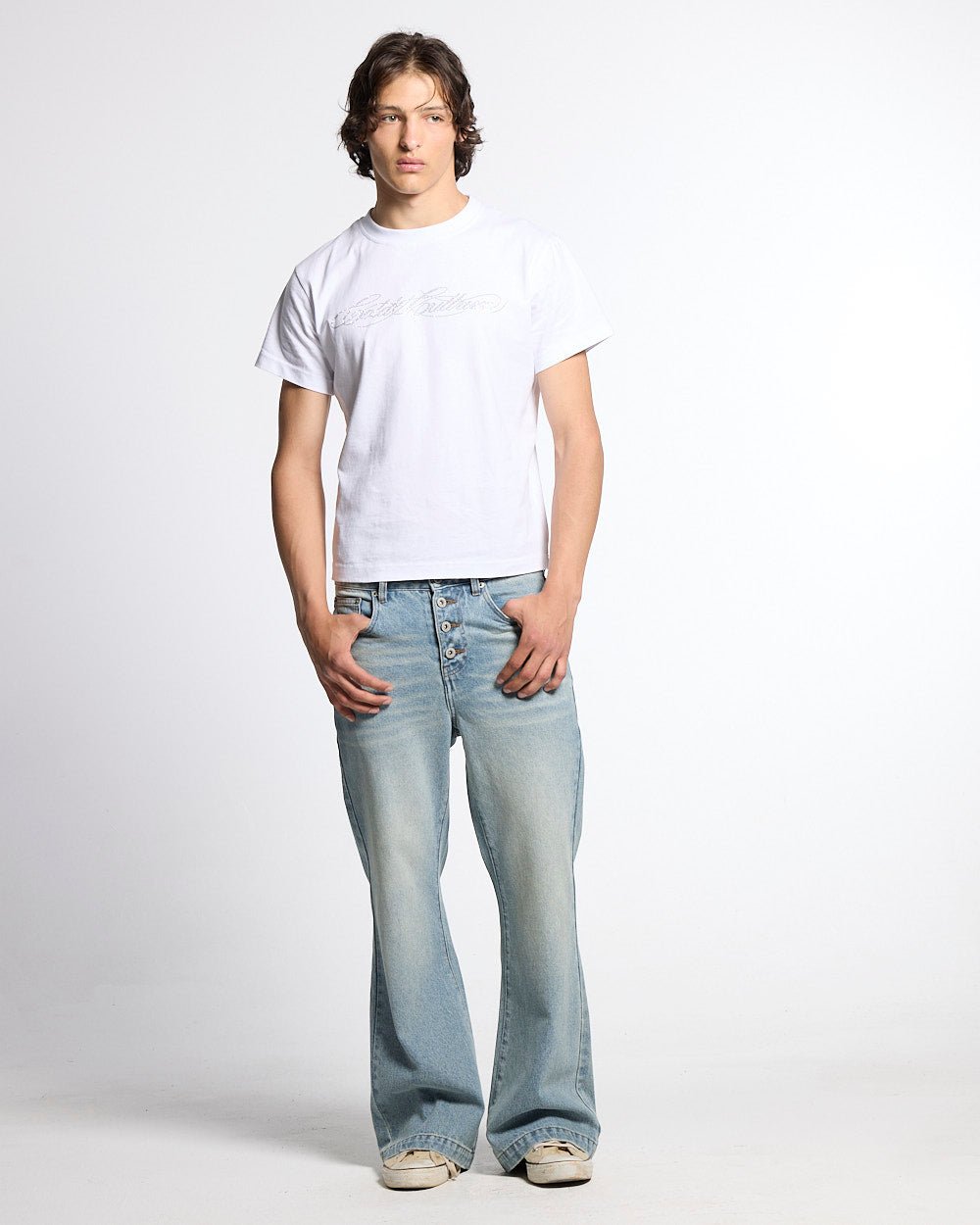 BLURRED V5 BOOTCUT PANTS LIGHT DENIM - light wash denim bootcut pants, front view on male model - Cold Culture #man
