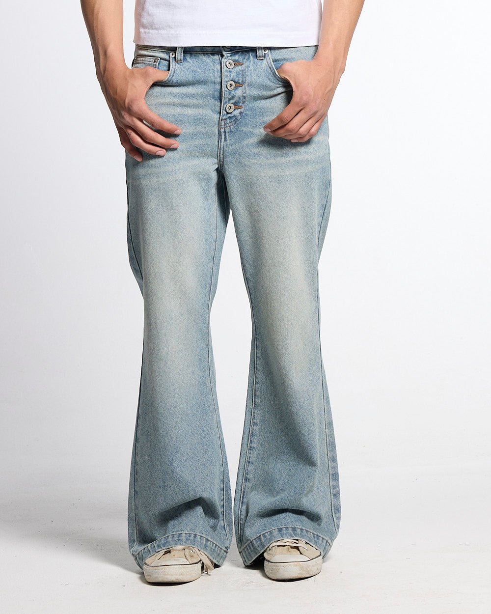 BLURRED V5 BOOTCUT PANTS LIGHT DENIM - light wash denim bootcut pants, front view on male model - Cold Culture