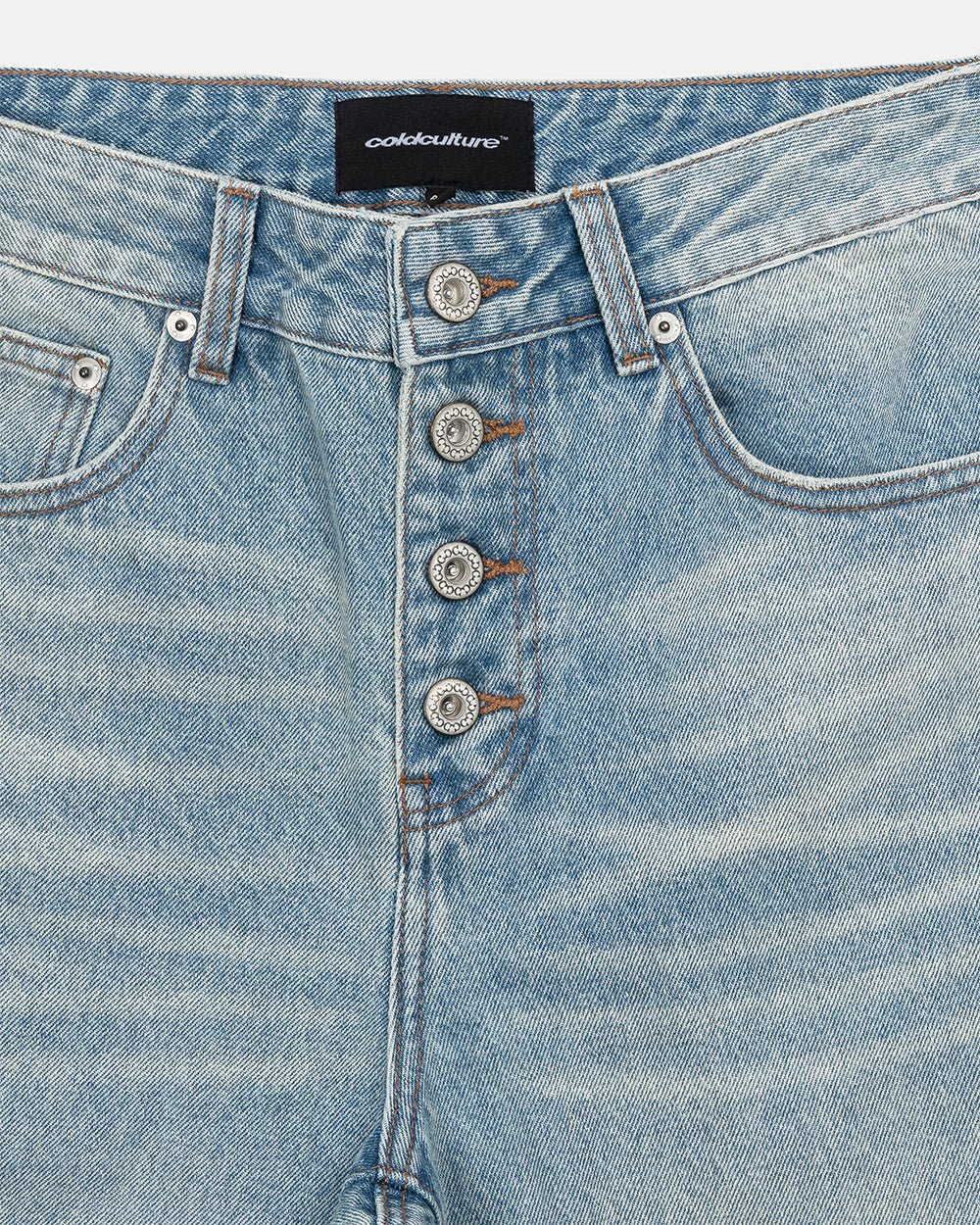 BLURRED V5 BOOTCUT PANTS LIGHT DENIM - light wash denim bootcut pants, detail close-up - Cold Culture