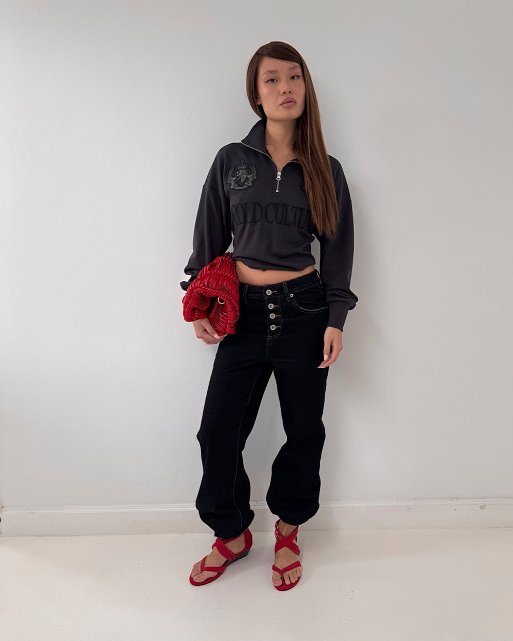 BLURRED V5 BOOTCUT PANTS RAW DENIM - raw denim bootcut pants, front view on female model - Cold Culture #woman