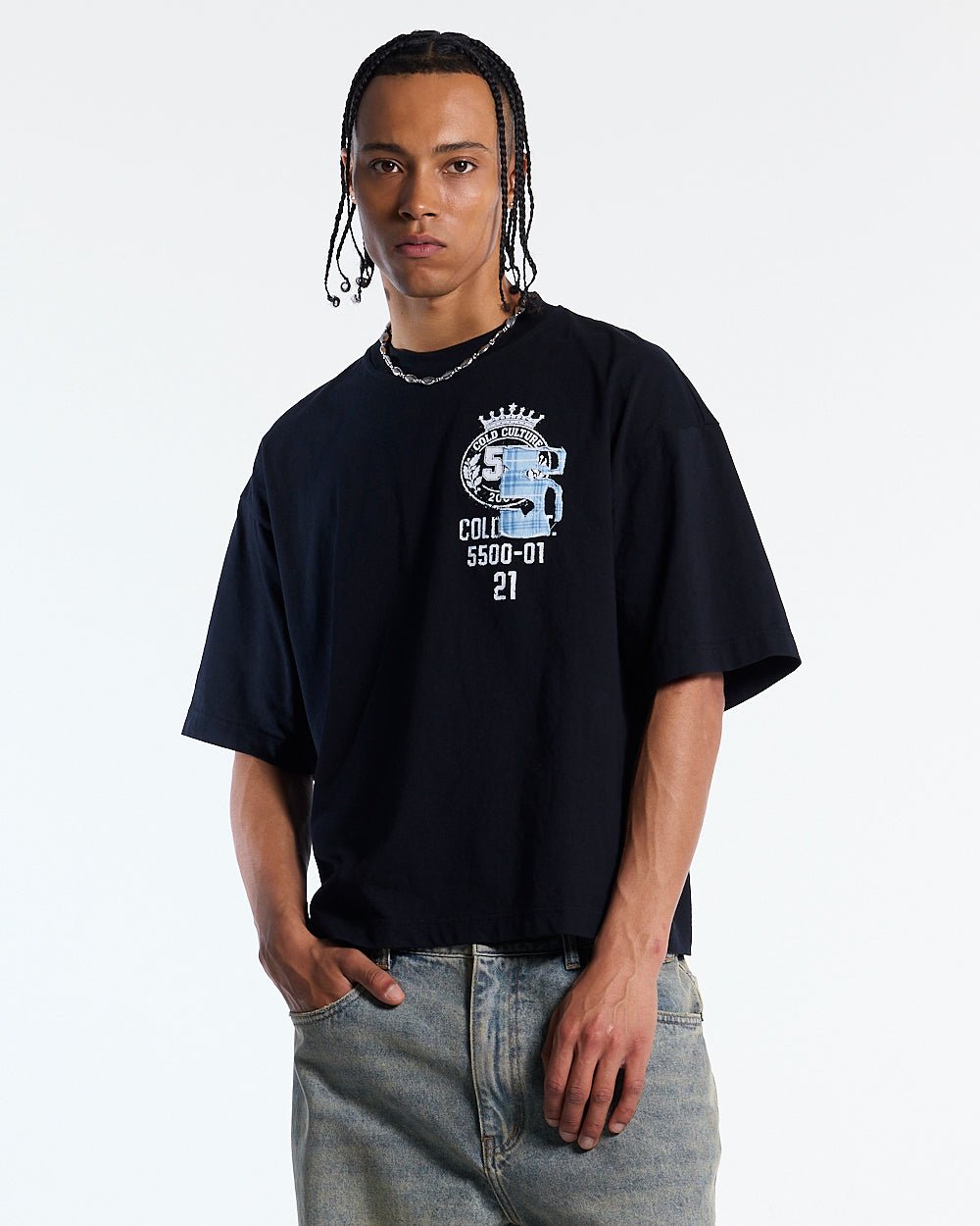 BOARDING TEE BLACK - black graphic print tee, front view on male model - Cold Culture #man