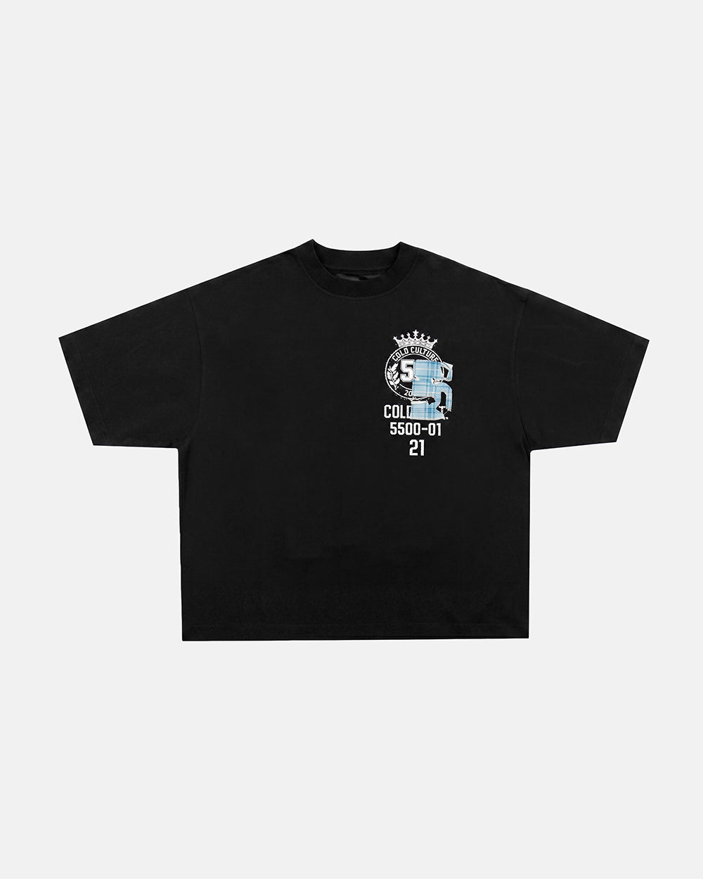 BOARDING TEE BLACK - black graphic print tee, front view - Cold Culture #packshot
