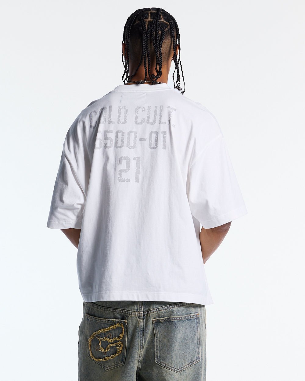 BOARDING TEE WHITE - white oversized graphic tee, back view on male model - Cold Culture #man