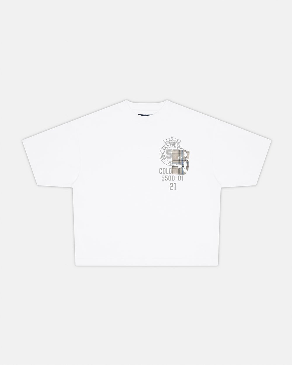 BOARDING TEE WHITE - white oversized graphic tee, front view - Cold Culture #packshot