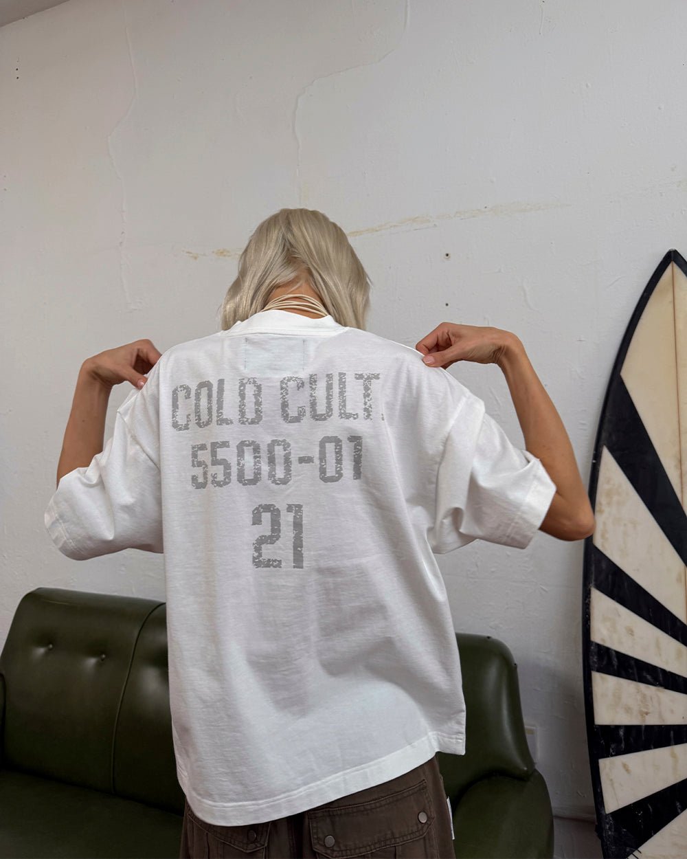 BOARDING TEE WHITE - white oversized graphic tee, back view on female model - Cold Culture #woman