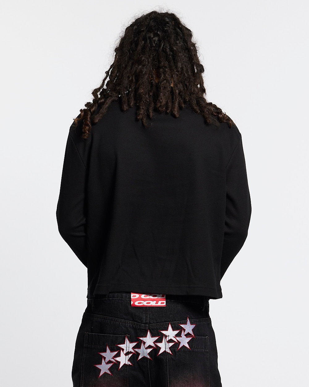 BONEY LONGSLEEVE BLACK - black skeleton print longsleeve tee, back view on male model - Cold Culture #man