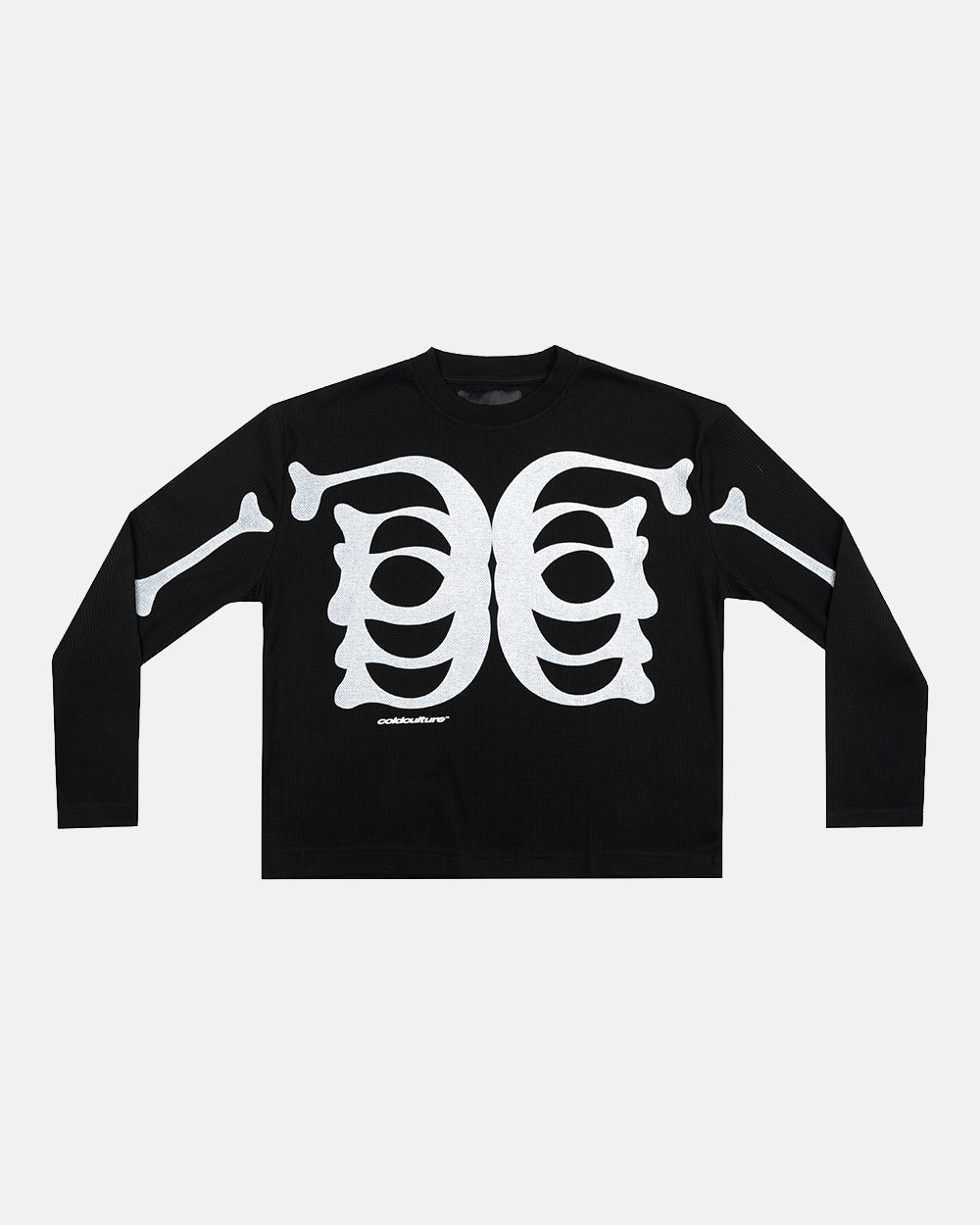 BONEY LONGSLEEVE BLACK - black skeleton print longsleeve tee, front view - Cold Culture #packshot