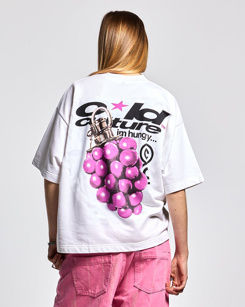 BOOM TEE WHITE - white graphic print tee, back view on female model - Cold Culture #woman