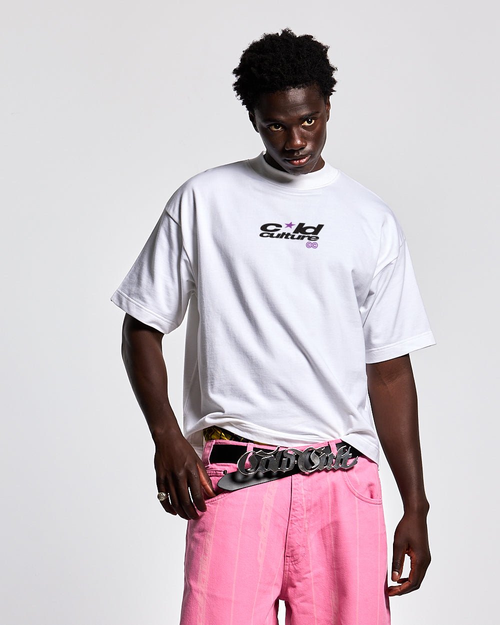 BOOM TEE WHITE - white graphic print tee, front view on male model - Cold Culture #man