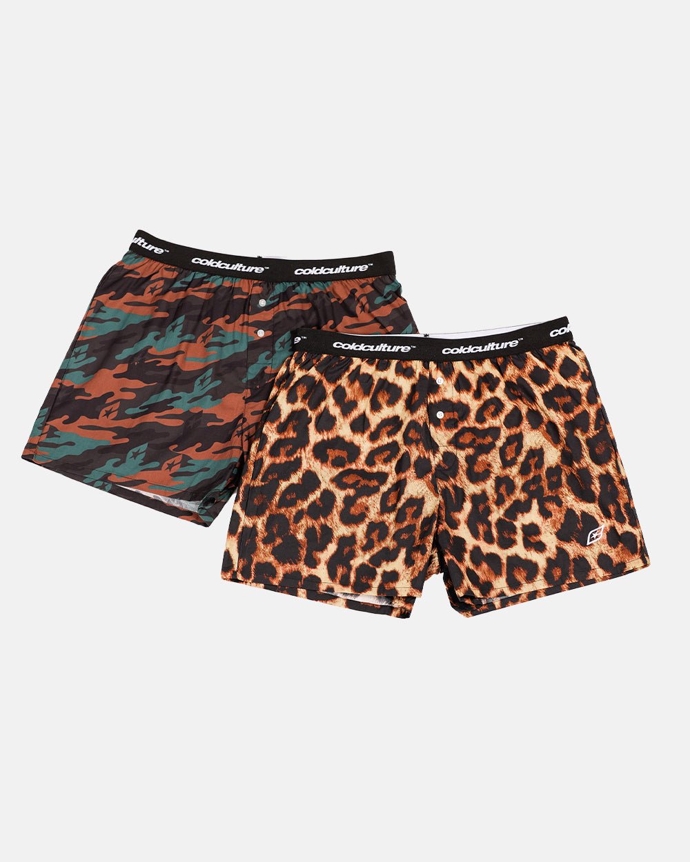 BOXERS WILD PACK CAMO GREEN/LEOPARD - camo and leopard boxers pack, flat lay with matching pieces - Cold Culture #packshot