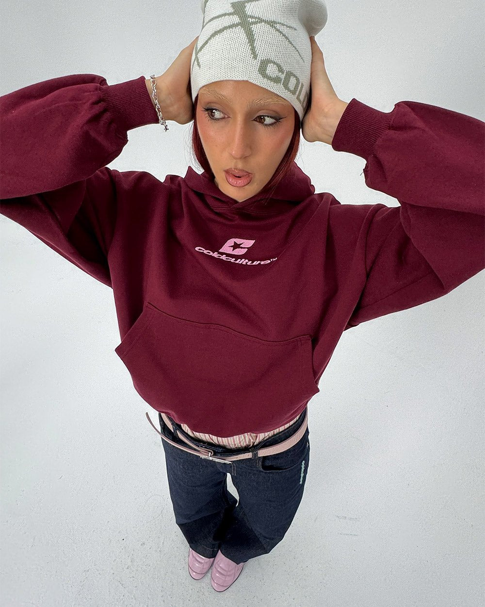 BRAMBLES BEANIE CREAM - cream patterned beanie, street style shot - Cold Culture #woman