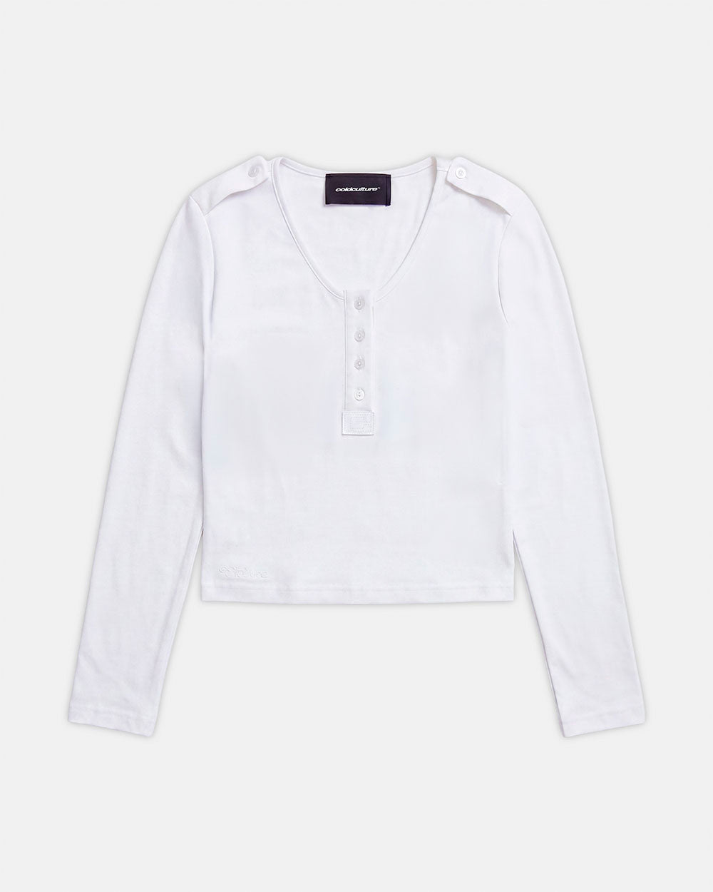 BREEZY LONGSLEEVE TEE WHITE - white henley longsleeve tee, front view - Cold Culture #packshot