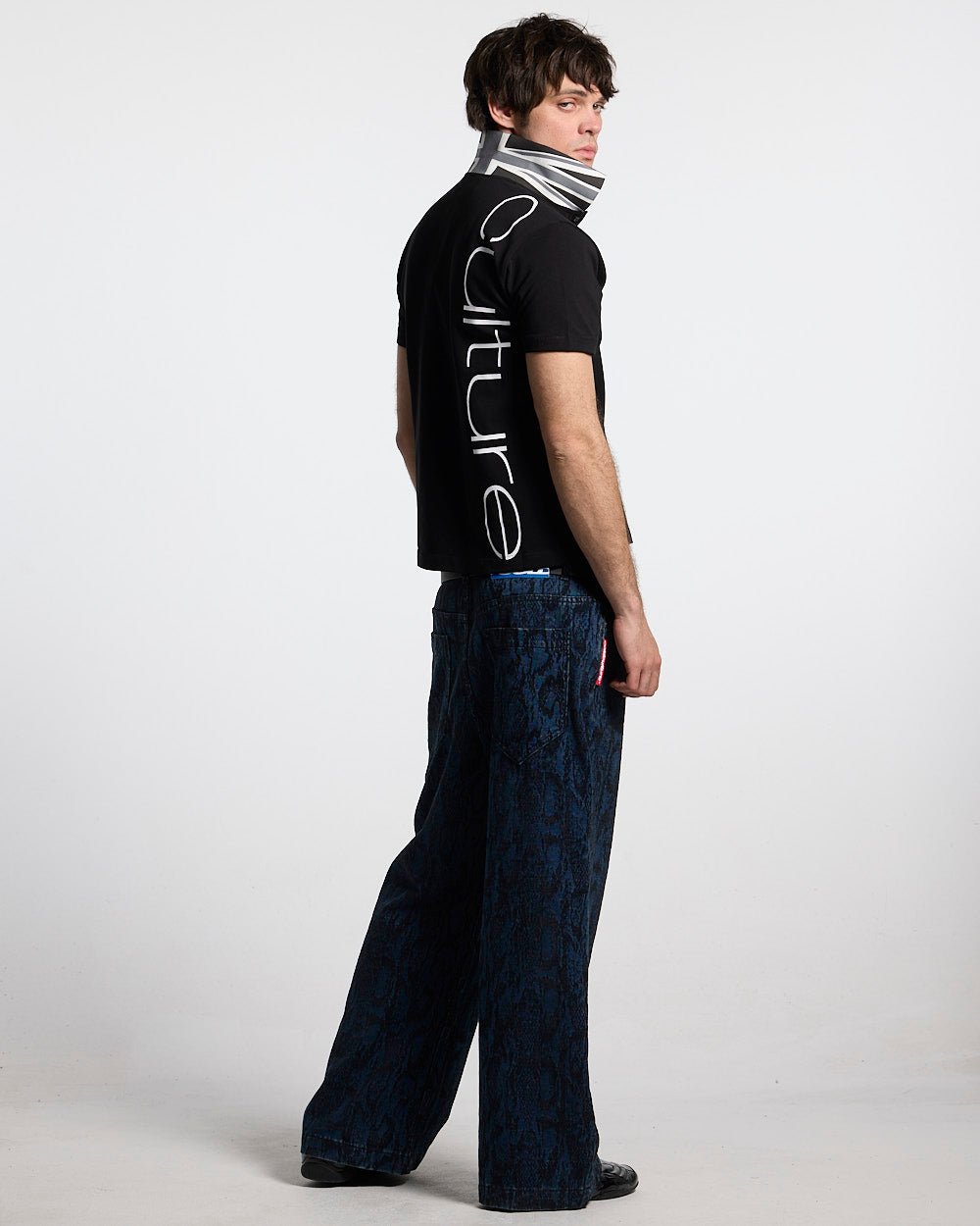 BRIGHTON POLO BLACK - black cropped polo shirt, back view on male model - Cold Culture #man