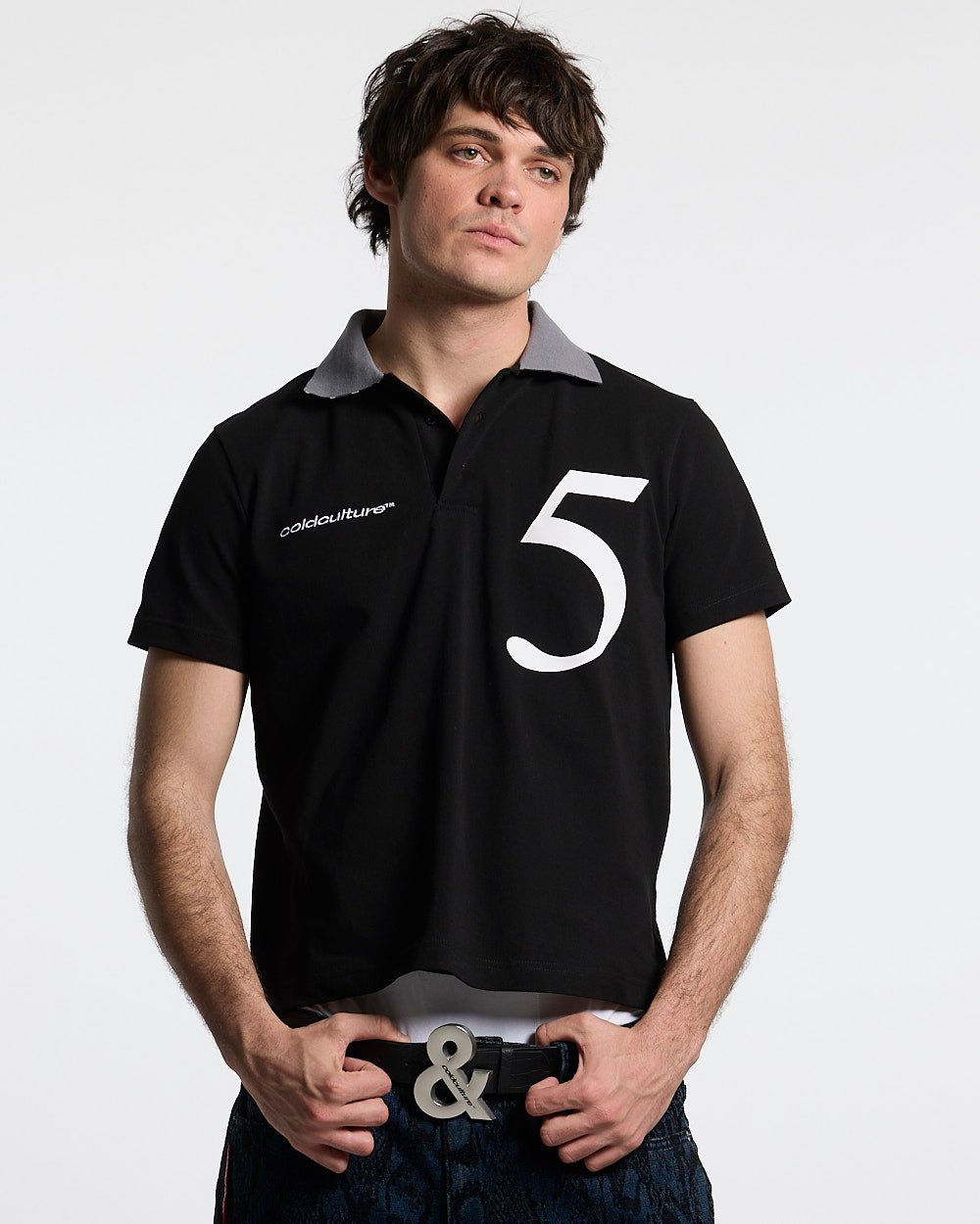 BRIGHTON POLO BLACK - black cropped polo shirt, front view on male model - Cold Culture #man