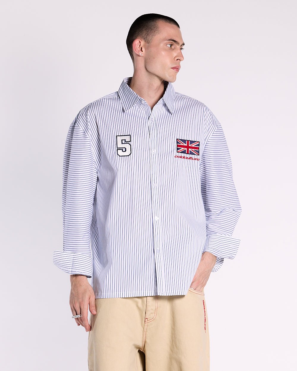 BRIGHTON SHIRT NAVY AND WHITE - blue and white striped shirt, front view on male model - Cold Culture #man