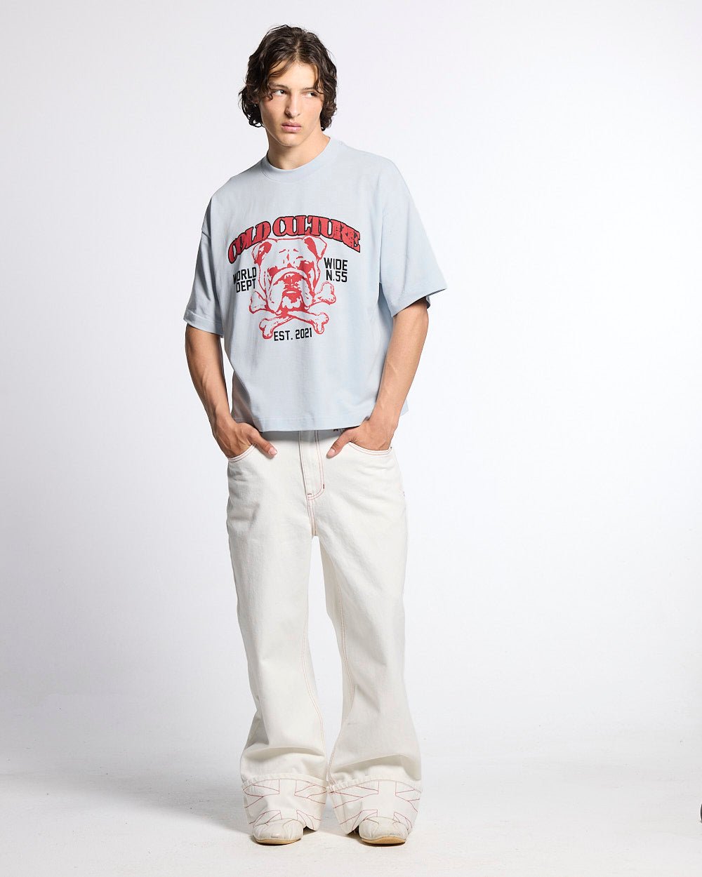BULLDOG TEE LIGHT BLUE - light blue bulldog print tee, front view on male model - Cold Culture #man
