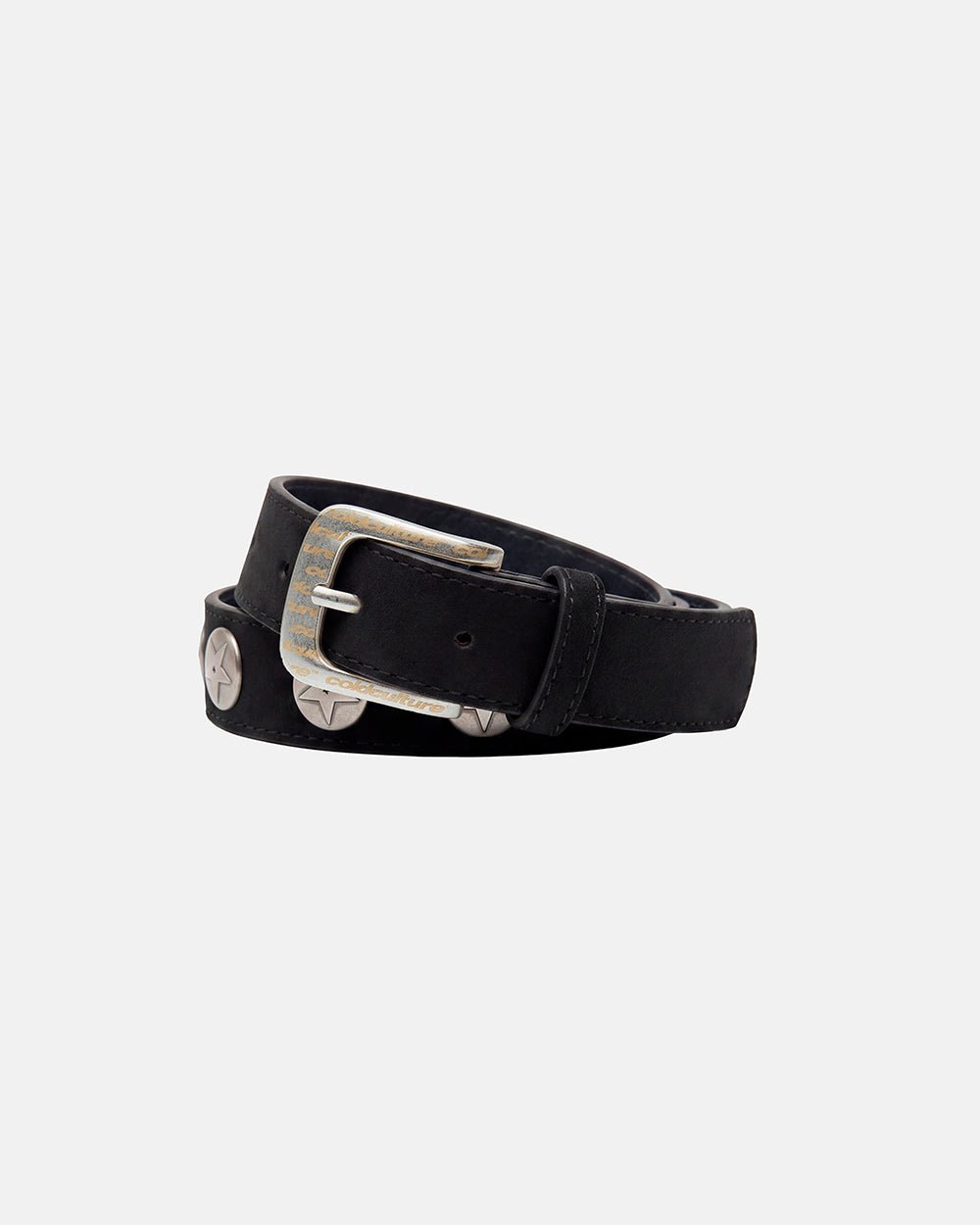 BULL'S EYE BELT BLACK - black studded belt, front view - Cold Culture #packshot