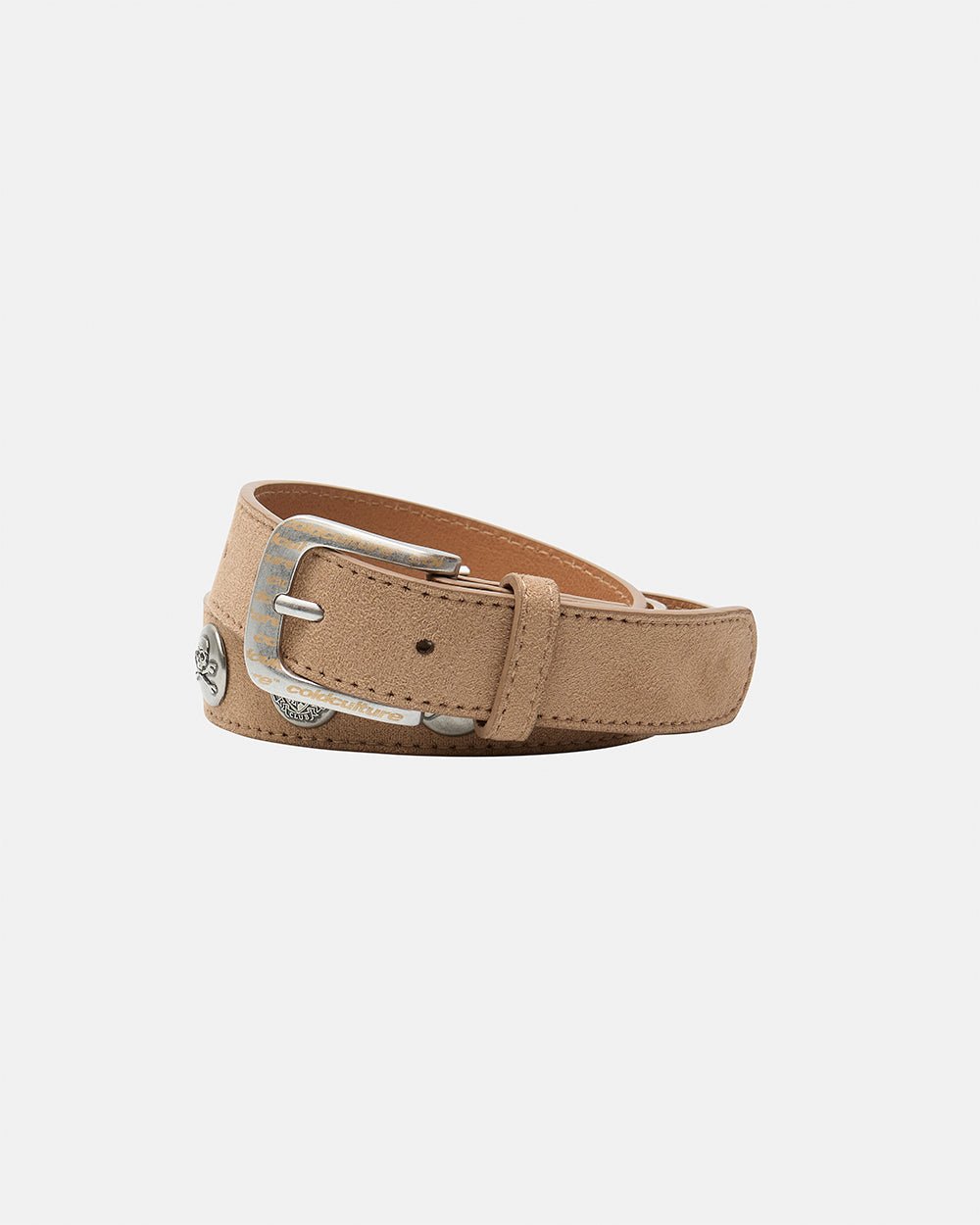 BULL'S EYE BELT BROWN - brown suede belt, front view - Cold Culture #packshot