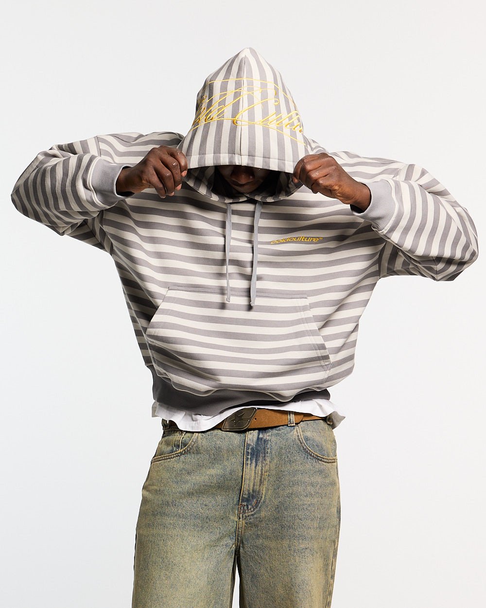 BUMBLE BEE HOODIE DARK GREY - grey striped hoodie, front view on male model - Cold Culture