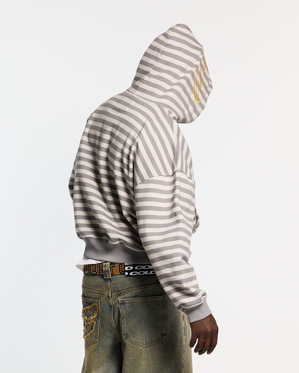 BUMBLE BEE HOODIE DARK GREY - grey striped hoodie, back view on male model - Cold Culture