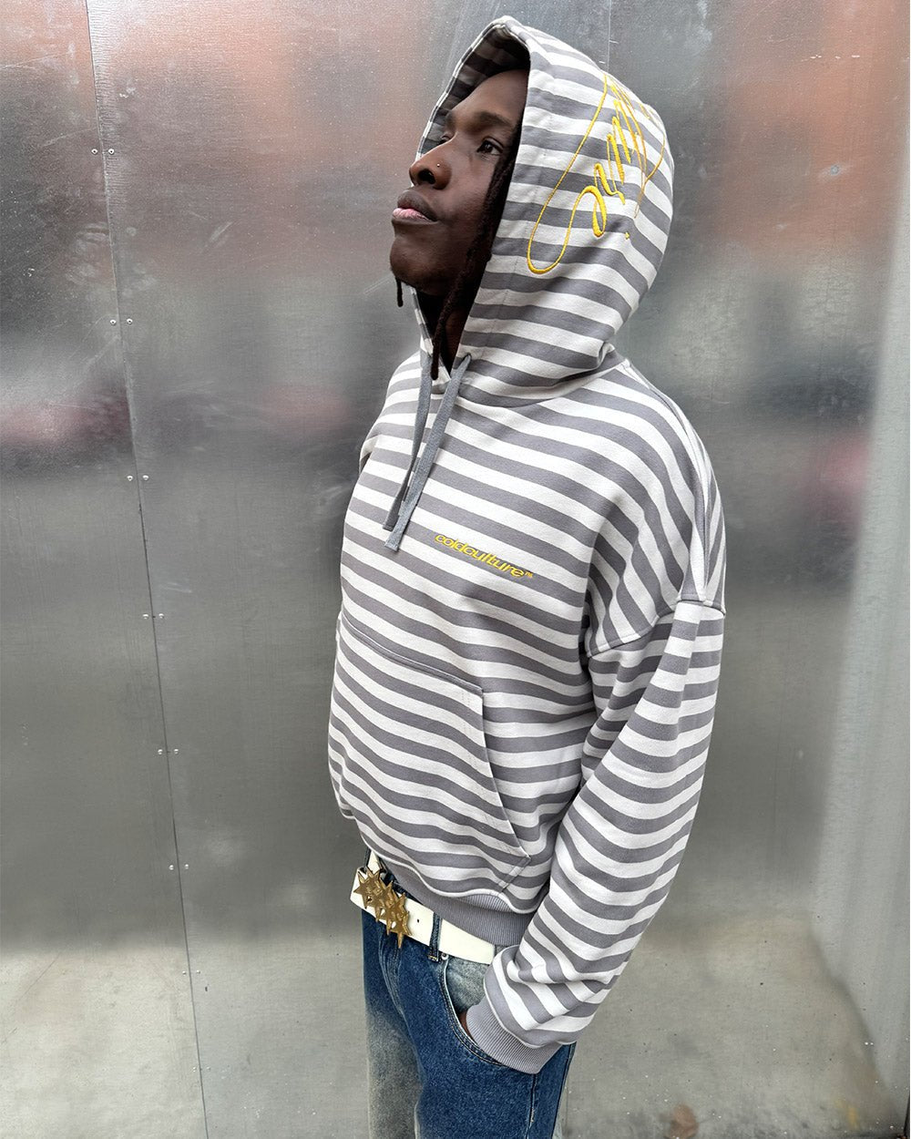 BUMBLE BEE HOODIE DARK GREY - grey striped hoodie, street style shot - Cold Culture