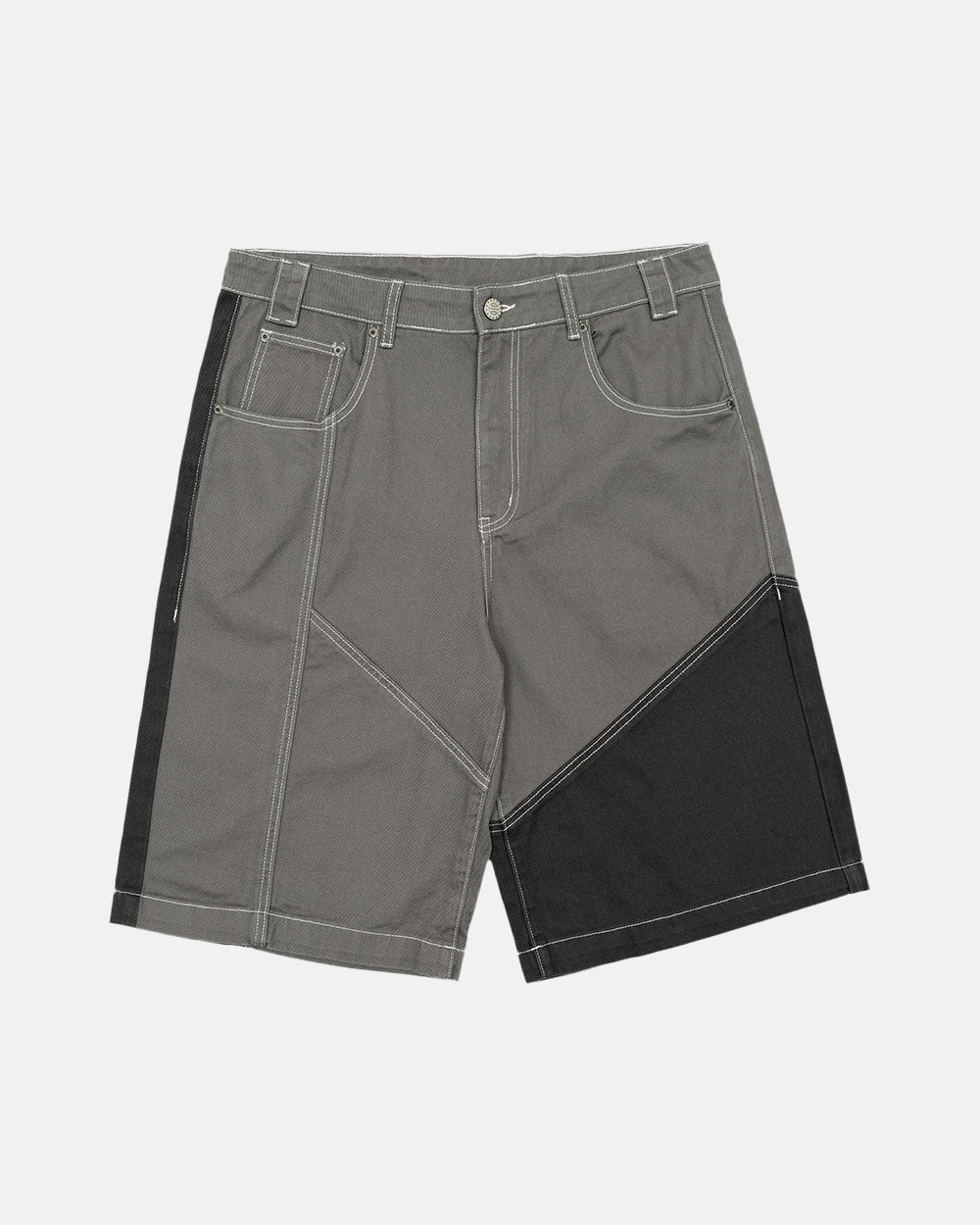 BUTTERFLY V2 SHORTS GREY/BLACK DENIM - grey black patchwork denim shorts, front view - Cold Culture #packshot