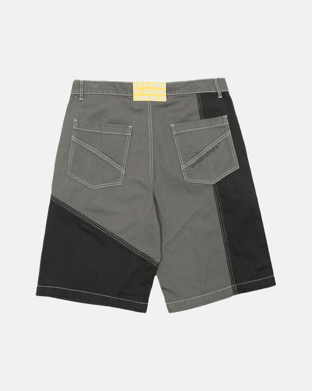 BUTTERFLY V2 SHORTS GREY/BLACK DENIM - grey black patchwork denim shorts, back view - Cold Culture #packshot