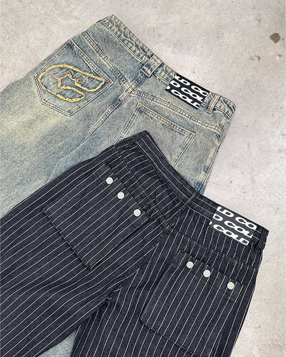 C V2 PANTS DIRTY LIGHT DENIM - light wash baggy denim pants, flat lay with matching pieces - Cold Culture