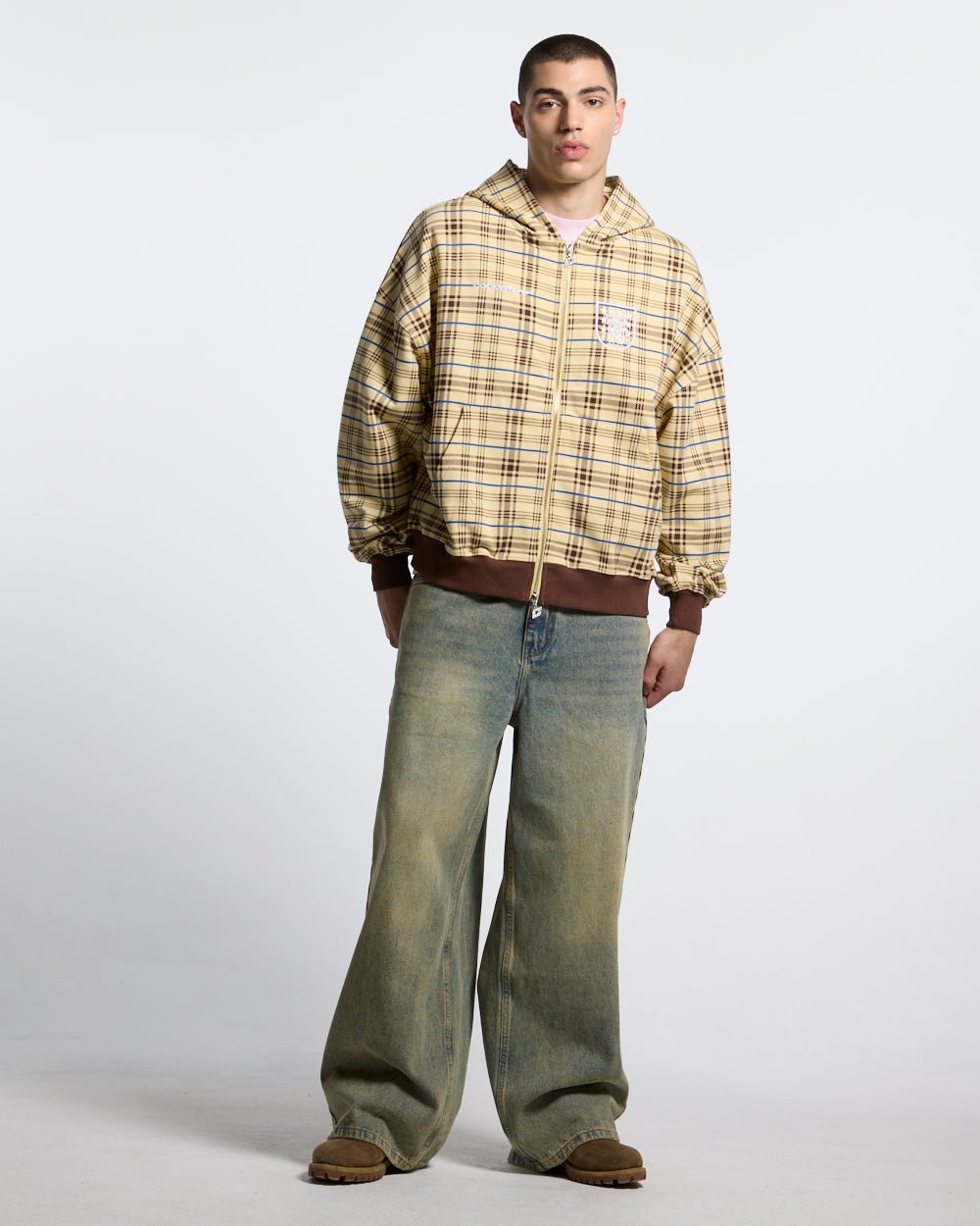 C V2 PANTS DIRTY LIGHT DENIM - light wash baggy denim pants, front view on male model - Cold Culture #man