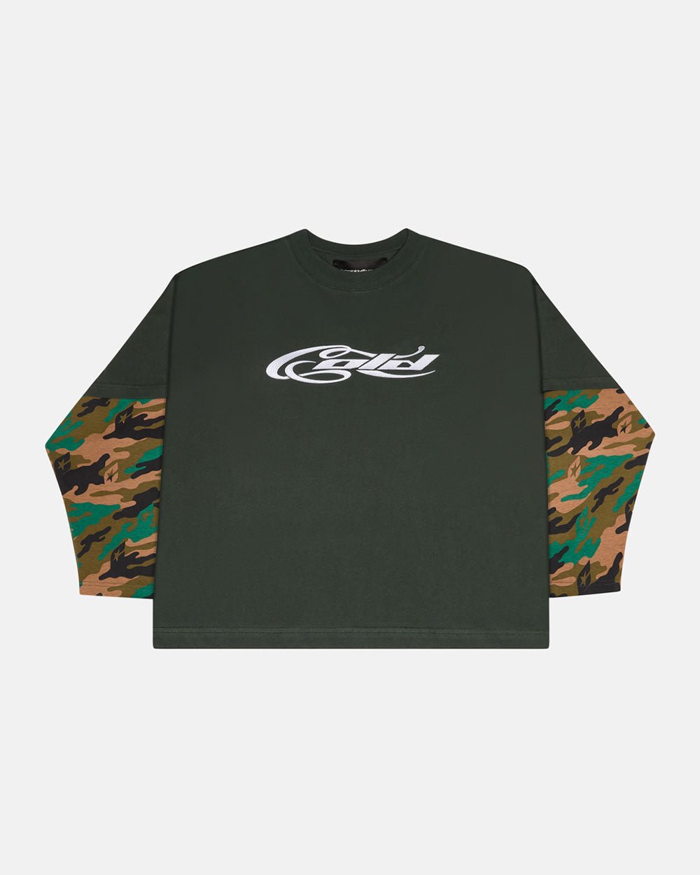 CAMO DOUBLE SLEEVE TEE DEEP FOREST - dark green camo longsleeve tee, front view - Cold Culture #packshot